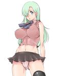  black_legwear black_skirt blue_eyes blush breasts cameltoe covered_nipples earrings elizabeth_liones eyelashes hair_over_one_eye highres jewelry large_breasts long_hair looking_at_viewer midriff nanatsu_no_taizai navel panties pink_shirt shirt silver_hair simple_background single_thighhigh skirt solo standing thighhighs thighs tuna21 underwear white_background 