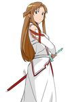  1girl asuna_(sao) brown_eyes brown_hair ganto japanese_clothes long_hair looking_at_viewer simple_background sword sword_art_online weapon white_background 