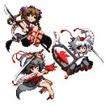  animal_ears black_hair brown_hair detached_sleeves hat himekaidou_hatate inubashiri_momiji katana kourindou_tengu_costume long_hair lowres matsuki_akira multiple_girls naginata pixel_art polearm red_eyes ribbon shameimaru_aya shield short_hair skirt smile sword tail tokin_hat touhou twintails weapon white_hair wolf_ears wolf_tail 