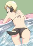  all_fours ass back bikini black_bikini blonde_hair blue_eyes dog_tail erica_hartmann from_behind galaxea highres looking_back short_hair side-tie_bikini solo strike_witches swimsuit tail tail_through_clothes water world_witches_series 