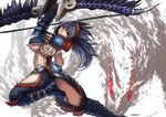  arched_back armor black_hair blue_legwear bow_(weapon) breasts chaps fangs fishnets fur_trim glowing glowing_eyes hairband highres holding holding_weapon hrtyuk huge_weapon large_breasts leg_up long_hair looking_at_viewer midriff monster_hunter nargacuga nargacuga_(armor) navel parted_lips red_eyes scales solo spikes underboob weapon 