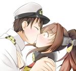  1girl admiral_(kantai_collection) brown_eyes brown_hair closed_eyes hands_on_another's_chest hands_on_another's_shoulders hat headgear hetero jitei kantai_collection kiss looking_at_another military military_uniform peaked_cap ponytail profile simple_background surprise_kiss surprised uniform white_background wide-eyed yamato_(kantai_collection) 