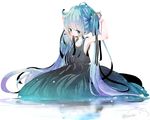  adjusting_hair aqua_eyes aqua_hair arms_up artist_name dress hatsune_miku highres long_hair mouth_hold shii_(cocoa) solo twintails very_long_hair vocaloid white_background 