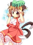  :3 animal_ears bow brown_hair cat_ears cat_tail chen ear_piercing fang hat highres jewelry mob_cap multiple_tails nekomata paw_pose piercing pila-pela puffy_short_sleeves puffy_sleeves shirt short_sleeves single_earring skirt skirt_set solo tail touhou two_tails vest 