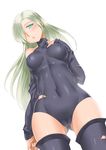  bad_id bad_pixiv_id bare_shoulders belly black_legwear blonde_hair blush breasts covered_nipples earrings elizabeth_liones green_eyes hair_over_one_eye highres jewelry leotard long_hair looking_at_viewer medium_breasts nanatsu_no_taizai navel solo thighhighs vycma 