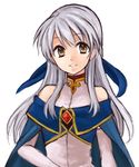  bare_shoulders cape detached_sleeves fire_emblem fire_emblem:_akatsuki_no_megami hair_ribbon half_updo hazuki_(nyorosuke) long_hair micaiah ribbon silver_hair simple_background smile solo white_background yellow_eyes 