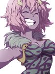  ^_^ armpits ashido_mina bangs boku_no_hero_academia breasts buttons cleavage closed_eyes crop_top fur_trim grin happy highres horns impossible_clothes majimelon medium_breasts open_clothes open_vest outstretched_arms pink_hair purple_skin short_hair simple_background smile solo spread_arms unitard upper_body vest white_background 