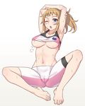  ;o armpits arms_up barefoot bike_shorts blue_eyes blush breasts brown_hair cameltoe collarbone feet gundam gundam_build_fighters gundam_build_fighters_try hoshino_fumina large_breasts midriff navel one_eye_closed ponytail shiny shiny_hair shiny_skin sitting solo sports_bra sweat underboob zhen_lu 