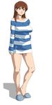  1girl breasts brown_eyes brown_hair feet full_body ganto legs lips long_hair looking_at_viewer medium_breasts perky_breasts pointy_breasts shirt simple_background slippers solo striped striped_shirt thighs white_background 