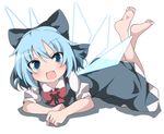  barefoot blue_dress blue_eyes blue_hair blush bow cirno do_(4-rt) dress fang hair_bow highres ice ice_wings legs_up lying on_stomach open_mouth puffy_cheeks puffy_short_sleeves puffy_sleeves shirt short_sleeves smile solo the_pose touhou wings 