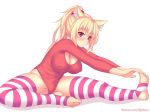  1girl animal_ear_fluff animal_ears barefoot blonde_hair blush breasts cat_ears erect_nipples eyebrows_visible_through_hair fast-runner-2024 full_body highres large_breasts leotard long_hair looking_at_viewer original patreon_username ponytail red_eyes shadow sitting slit_pupils solo spread_legs stretch striped striped_legwear thighhighs tiffy watermark web_address white_background 
