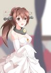  breasts bride brown_eyes brown_hair cherry_blossoms cleavage dress elbow_gloves flower gloves hair_flower hair_ornament headgear highres jitei kantai_collection large_breasts long_hair looking_at_viewer open_mouth outstretched_hand ponytail smile solo strapless strapless_dress upper_body wedding_dress white_dress white_gloves yamato_(kantai_collection) 