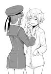  adjusting_clothes blush closed_eyes cowboy_shot dress dress_shirt dressing_another greyscale hat kantai_collection long_sleeves monochrome multiple_girls nathaniel_pennel panties sailor_collar sailor_dress sailor_hat shirt short_hair simple_background sleepy underwear very_short_hair white_background z1_leberecht_maass_(kantai_collection) z3_max_schultz_(kantai_collection) 