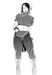  1girl bracelet breasts capcom chinese_clothes chun-li curvy double_bun ganto jewelry large_breasts lips monochrome simple_background street_fighter thick_thighs thighs 