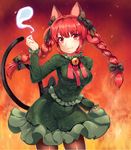  :3 animal_ears bad_id bad_pixiv_id bell bell_collar black_legwear bow braid breasts cat_ears cat_tail collar cowboy_shot dress fang_out fiery_background fire green_dress hair_bow highres hitodama kaenbyou_rin long_sleeves looking_at_viewer medium_breasts multiple_tails nekomata pantyhose papo red_eyes red_hair signature solo tail touhou twin_braids two_tails 