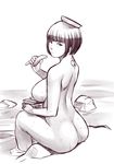  1girl ass breasts ganto gradient gradient_background large_breasts monochrome short_hair sideboob sitting solo 