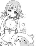  bikini bikini_skirt blush breasts cleavage danganronpa flipped_hair greyscale hair_ornament hairclip highres large_breasts monochrome monomi_(danganronpa) nanami_chiaki navel nico_(nico_alice) short_hair simple_background super_danganronpa_2 swimsuit white_background 