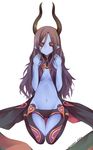  bare_shoulders black_hair black_sclera blue_skin breasts character_name copyright_name demon_girl flootier groin highres horns long_hair looking_at_viewer medium_breasts navel pointy_ears red_eyes seiza sitting smile solo summon_night summon_night_5 tanyatonya thigh_gap 