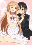  1girl ;d asuna_(sao) bad_id bad_pixiv_id black_eyes black_hair brown_eyes brown_hair couple ear_covers elf fingerless_gloves gloves hetero kirito long_hair long_legs navel one_eye_closed open_mouth pointy_ears shiwasuzuki short_hair sitting smile sword_art_online tickling titania_(sao) yokozuwari 