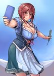  apron bangs bare_shoulders blouse blue_background blue_blouse blush bodice breasts brown_eyes brown_hair cellphone cleavage contrapposto dirndl dress foreshortening frills german_clothes green_skirt holding holding_microphone holding_phone large_breasts microphone name_tag outstretched_arms phone rozen_maiden self_shot short_hair short_sleeves simple_background skirt smartphone smile solo souseiseki spread_arms standing taking_picture tsuda_nanafushi underbust waist_apron 
