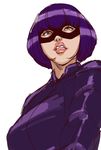  1girl bob_cut breasts ganto green_eyes hit-girl kick-ass lips looking_at_viewer mask medium_breasts purple_hair simple_background 