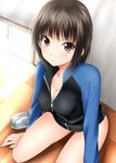  black_hair blush breasts brown_eyes cleavage highres jacket long_hair looking_at_viewer medium_breasts original sitting solo sumeragi_tomo track_jacket wariza 