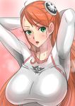  aida_rayhunton arms_up bodysuit breasts green_eyes gundam gundam_g_no_reconguista highres large_breasts long_hair looking_at_viewer open_mouth red_hair shiva_(johan-s) skull solo steam sweat white_bodysuit 