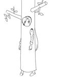  eu03 full_body greyscale idolmaster idolmaster_(classic) kisaragi_chihaya lineart long_hair long_sleeves monochrome pigeon-toed simple_background solo tree_costume white_background 