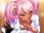  1girl assertive blush breasts cleavage copyright_request dark_skin eye_contact eyelashes fellatio fingernails gachinko!_bitch_club game_cg ganguro handjob highres large_breasts licking_lips lips looking_at_another looking_at_viewer naughty_face oral penis pov seductive_smile shiny shiny_skin smile thick tongue tongue_out 