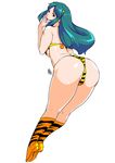  1girl aqua_hair ass back blue_eyes blue_hair boots breasts ganto hand_to_own_mouth high_heel_boots high_heels horns large_breasts leopard_print long_hair looking_at_viewer looking_back lum open_mouth partially_visible_vulva print_bikini signature simple_background thick_thighs thighs urusei_yatsura white_background 