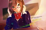  absurdres asato_(fadeless) bow brown_hair character_name classroom copyright_name fang glasses green_eyes hair_ornament highres idolmaster idolmaster_cinderella_girls looking_at_viewer maekawa_miku school_uniform smile solo 