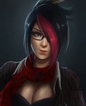  alternate_costume bad_deviantart_id bad_id black_hair blue_eyes breasts cleavage eyebrows fiora_laurent folded_ponytail glasses hair_ornament hair_over_one_eye hair_stick headmistress_fiora highlights koyorin large_breasts league_of_legends lips multicolored_hair nose pencil red_hair scarf short_hair solo teacher two-tone_hair 