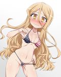  amami_shisen american_flag_bikini armpits bangs bikini bikini_lift blonde_hair blush breasts clenched_hand cowboy_shot dutch_angle embarrassed flag_print gradient gradient_background groin hair_between_eyes kounosu_satori lifted_by_self long_hair looking_at_viewer micro_bikini navel nose_blush skindentation small_breasts solo standing star star_print starmine_(manga) strap striped sweat swimsuit very_long_hair wavy_mouth white_background wide-eyed yellow_eyes 