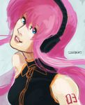  blue_eyes colin_tan detached_sleeves head_tilt headphones lips long_hair megurine_luka pink_hair smile solo tattoo vocaloid 