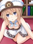  bare_shoulders blanc blue_eyes book bookshelf breasts brown_hair downblouse dress hat highres looking_at_viewer neptune_(series) nipples open_mouth short_hair small_breasts solo vesperia white_dress 