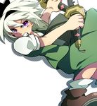  angry ankle_boots bad_id bad_pixiv_id bbr_brbr black_hairband boots brown_footwear clenched_teeth dive dress hairband konpaku_youmu puffy_short_sleeves puffy_sleeves purple_eyes scowl short_sleeves silver_hair slit_pupils socks solo sword teeth touhou weapon 