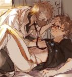  2boys brown_hair coat doctor_(granblue_fantasy) gloves gran_(granblue_fantasy) granblue_fantasy highres labcoat looking_at_another male_focus multiple_boys shirt shirt_lift snowflakes soysae stethoscope 