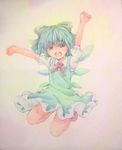  arms_up blue_eyes blue_hair bow cirno clenched_hands dress hair_bow happy highres ice ice_wings jumping looking_at_viewer neck_ribbon open_mouth pink_background puffy_short_sleeves puffy_sleeves ribbon short_hair short_sleeves solo touhou traditional_media watercolor_(medium) wings yuyu_(00365676) 