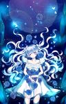  absurdres bad_id bad_pixiv_id blue_flower blue_rose bug butterfly dress flower hair_ribbon highres insect long_hair momose moon original partially_submerged purple_eyes reflection ribbon rose solo very_long_hair water white_hair 