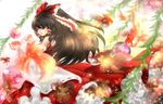  ascot big_hair black_hair bow brown_eyes detached_sleeves dress fish from_side goldfish hair_bow hair_tubes hakurei_reimu holding light_particles long_hair looking_afar nagare open_mouth red_dress ribbon-trimmed_sleeves ribbon_trim solo surreal surrounded touhou upper_body very_long_hair 