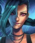  bad_deviantart_id bad_id bangs blue_hair braid eyelashes face hair_over_one_eye highres jewelry jinx_(league_of_legends) koyorin league_of_legends lipstick long_hair makeup necklace nose pink_eyes portrait purple_lipstick smile solo twin_braids 