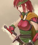  armor breasts fingerless_gloves gloves green_eyes headband julia_(tear_ring_saga) medium_breasts nonji_(sayglo_halo) pauldrons red_hair sheath solo sword tear_ring_saga unsheathing weapon 