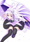  black_legwear blush bra-cky butterfly_hair_ornament chaika_trabant coffin dress eyebrows frills hair_ornament hairband hitsugi_no_chaika lolita_hairband long_hair looking_at_viewer purple_eyes ribbon silver_hair solo thighhighs 