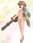  alternate_costume bikini bottle brown_eyes brown_hair flight_deck gatling_gun gun hiryuu_(kantai_collection) kantai_collection shield short_hair side-tie_bikini side_ponytail standing swimsuit water_bottle water_tank weapon yumesato_makura 