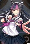  barbell_piercing black_hair blue_hair blush danganronpa ear_piercing fingerless_gloves gloves grin highres jewelry lip_piercing long_hair microphone mioda_ibuki multicolored_hair necklace nico_(nico_alice) one_eye_closed piercing pink_eyes pink_hair pleated_skirt ring school_uniform serafuku single_glove skirt smile solo super_danganronpa_2 thumb_ring white_hair 