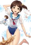 :d barefoot bicycle bird brown_eyes brown_hair chicken competition_school_swimsuit fukami_hina glasslip goggles goggles_around_neck ground_vehicle hand_behind_head highleg highleg_swimsuit ishizu_kayu no_pants one-piece_swimsuit open_mouth school_swimsuit school_uniform serafuku short_hair side_ponytail smile swimsuit swimsuit_under_clothes 