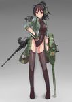  black_eyes black_hair breasts cameltoe caterpillar_tracks cleavage covered_navel fingerless_gloves gloves gradient gradient_background gun hair_ornament hairclip headset highres impossible_clothes impossible_leotard jacket leotard machine_gun mecha_musume medium_breasts military original people's_liberation_army personification ponytail signature smile solo stmaster thighhighs turret type_99_tank_(personification) weapon 