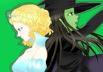  back-to-back bare_shoulders black_hair blonde_hair blue_eyes dress elphaba_thropp glinda good_witch_of_the_north gown green_background green_skin hat long_hair multiple_girls open_mouth puffy_short_sleeves puffy_sleeves respawnmayomayo short_hair short_sleeves wicked wicked_witch witch witch_hat 