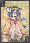  animal_ear_fluff animal_ears blue_hair bug butterfly card card_(medium) fox_ears fox_tail hatsuse_izuna headband insect japanese_clothes kimono moyo_(k1rakira) no_game_no_life playing_card sandals short_hair short_kimono sitting solo tabi tail yellow_eyes 