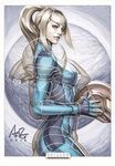  blonde_hair blue_eyes long_hair metroid ponytail samus_aran solo stanley_lau varia_suit zero_suit 